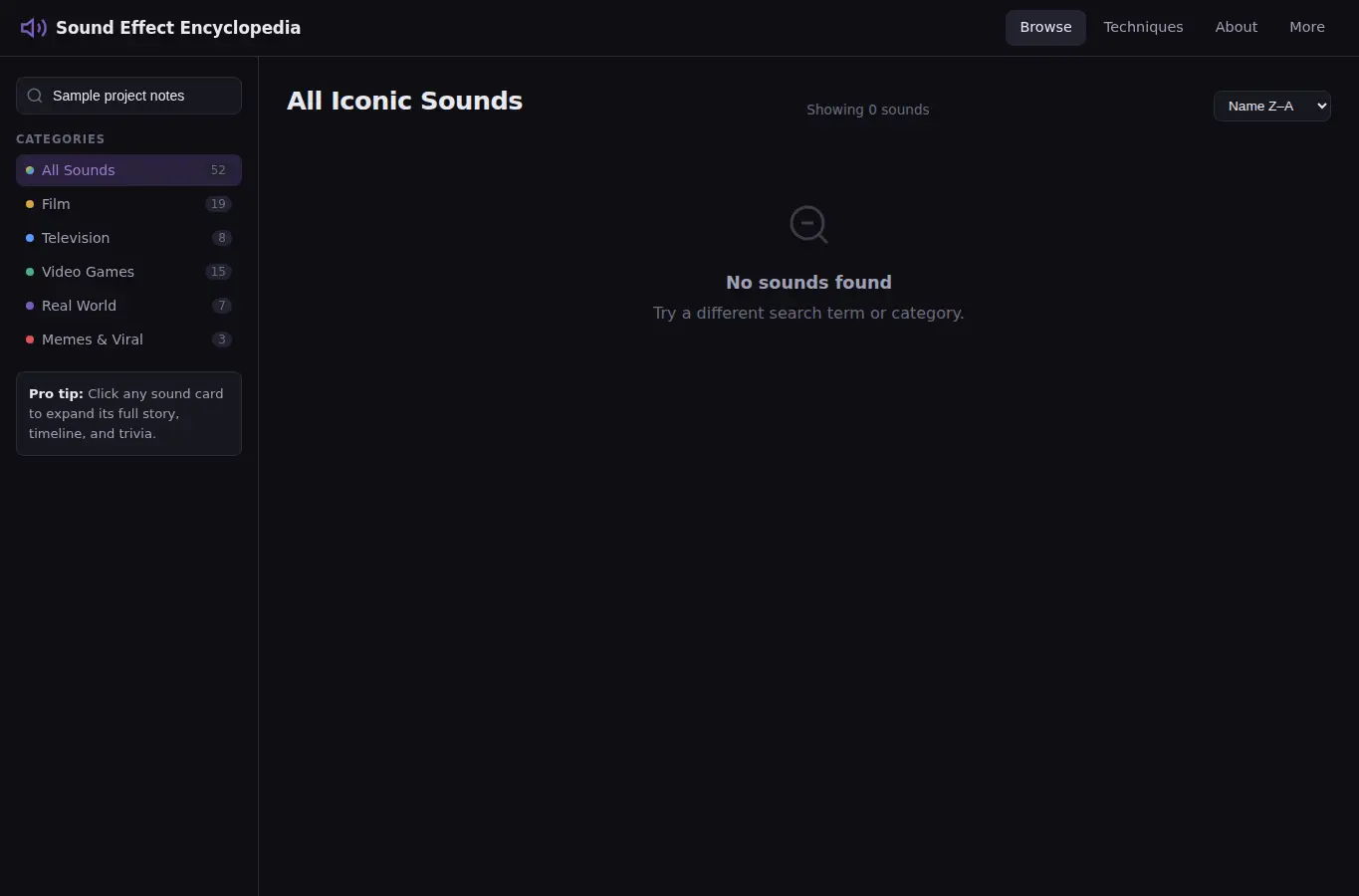 Screenshot of Sound Effect Encyclopedia interface showing the project page in use